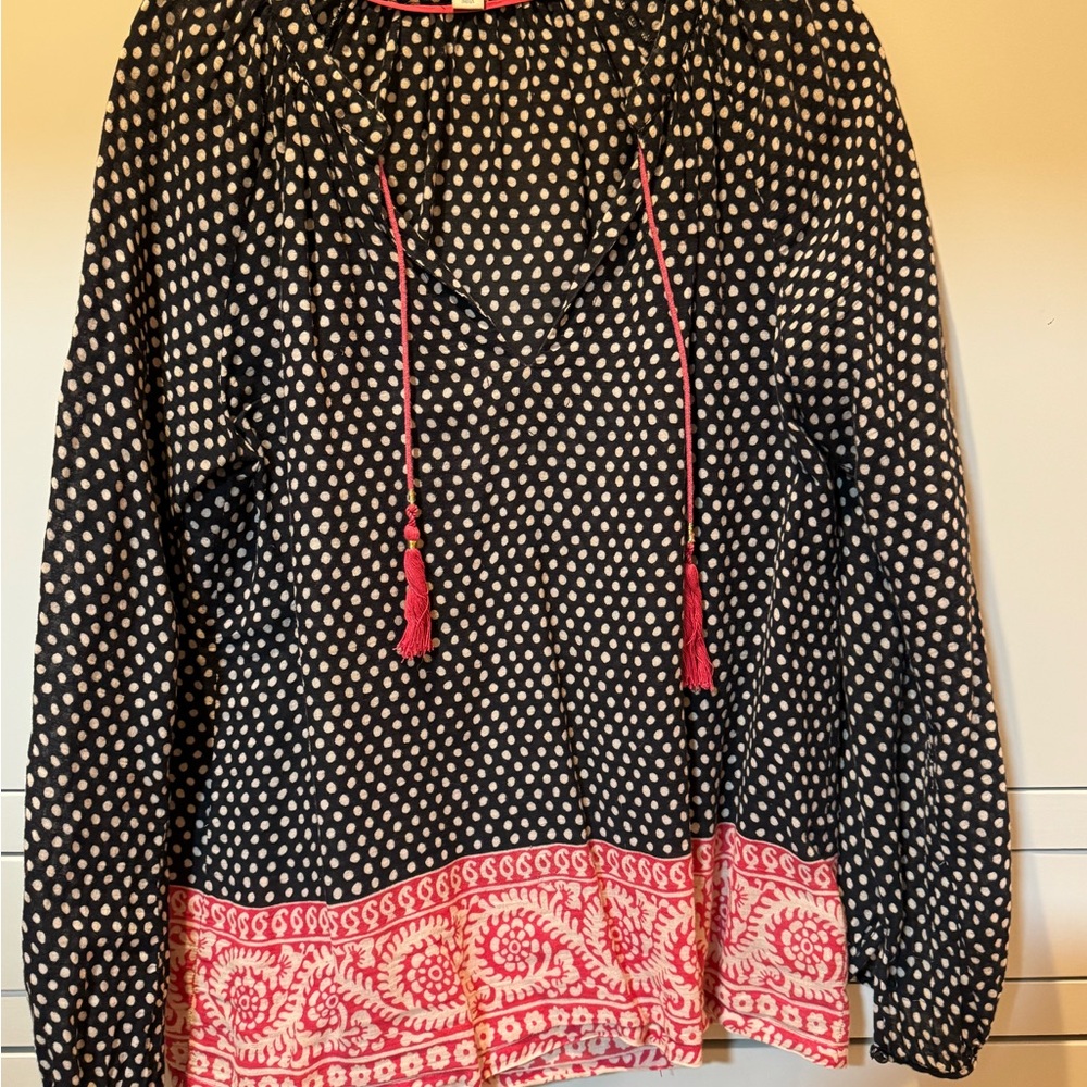 Boden Black and White Long Sleeve Tie Front Blouse